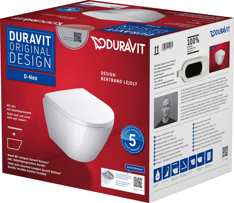 Toaleta ścienna Duravit d-neo pack z deską z cichym domykaniem, 48 cm, biała