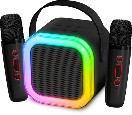 Zestaw do karaoke Partyfunlights mini duo głośnik imprezowy - z dwoma mikrofonami czarny - oświetlenie dyskotekowe - bezprzewodowy - dla dorosłych i dzieci