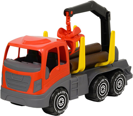 Wózek do transportu drewna Plasto czerwonoszary 45 cm - pojazd zabawkowy - ciężarówka do przewozu drewna - duża ciężarówka - realistyczna zabawa - wytrzymały plastik - wyprodukowano w Finlandii - od 1 roku
