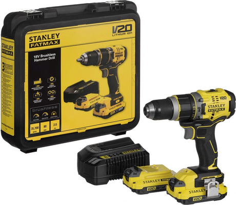 Stanley sfmcd721d2k fatmax® v20 akumulatorowa wiertarka udarowa bezszczotkowa 18v 2.0ah w etui