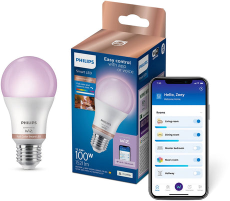 Philips smart lighting - led-lamp - e27 fitting - rgb - gekleurd en instelbaar wit licht - dimbaar - 100w - standaard lampvorm: a60 - wifi