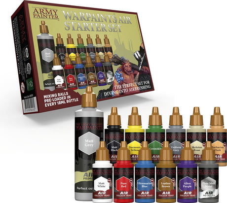 Zestaw startowy Air Painter Warpaints, 12 farb wojennych w butelkach z zakraplaczem 18 ml (w tym 1 metaliczny, 1 szary podkład 100 ml), farba akrylowa, nietoksyczna farba do aerografu na bazie wody, zestaw farb akrylowych