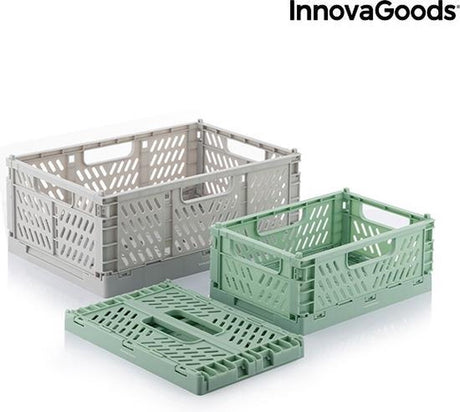 Zestaw Innovagoods składający się z 3 składanych skrzynek do przechowywania Boxtor, które można ustawiać jeden na drugim