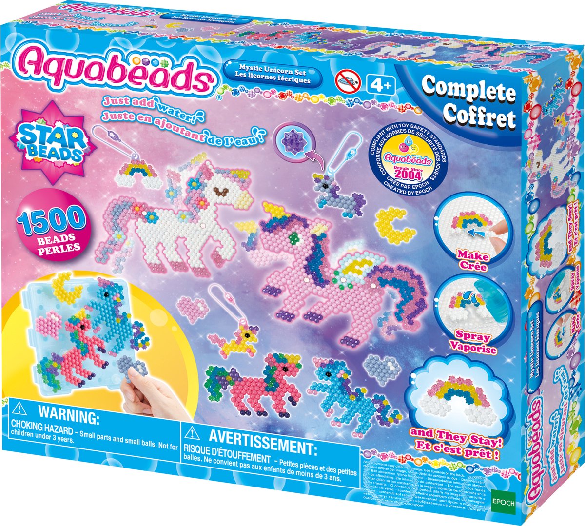 Aquabeads 31944 zestaw jednorożec - kompletny zestaw 1500 pereł w 24 kolorach - w tym breloczki do kluczy