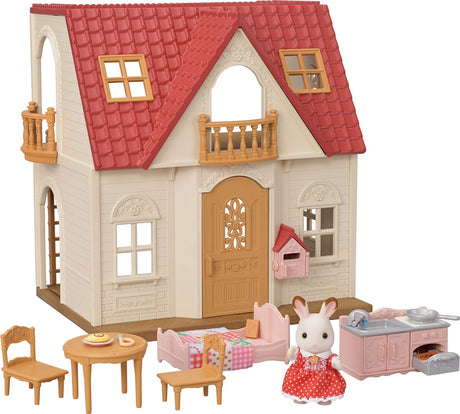 Domek startowy 5567 rodzin Sylvanian — zawierający meble i 1 aksamitnie miękkiego królika z czekolady — można połączyć z innym domkiem dla lalek (5708) w mega duży domek dla lalek