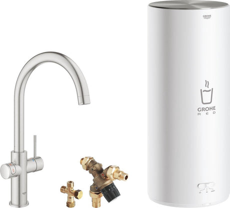 Grohe czerwony kran z wrzącą wodą 3w1 - wylewka c - bojler 7l - zawór mieszający - stal nierdzewna (supersteel)