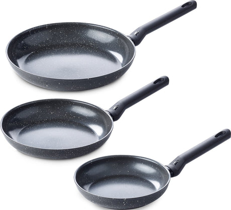 Zestaw patelni Bk Universe 3-częściowy - 20 24 28 cm - powłoka nieprzywierająca niezawierająca pfas - zestaw patelni indukcyjnych - patelnia ceramiczna - można piec w piekarniku do 160°c - zimny uchwyt - czarny granit