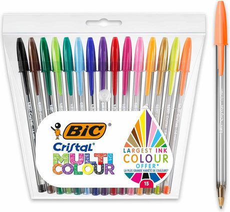 Wielokolorowe długopisy Bic Cristal z szeroką końcówką (1,6 mm) - różne kolory - opakowanie 15 sztuk