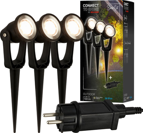 Briloner connect to Shine - punkt kolczasty - zestaw 3 sztuk - zestaw startowy reflektorów ogrodowych - oświetlenie ogrodowe - ip65 - ciepłe białe światło - 22,5x5x6 cm