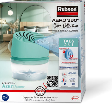 Pochłaniacz wilgoci Rubson aero360 color kolekcja turkusowy 450g pudełko | urządzenie osuszające wychwytujące wilgoć | osuszacz | pochłaniacz wilgoci w pomieszczeniu.
