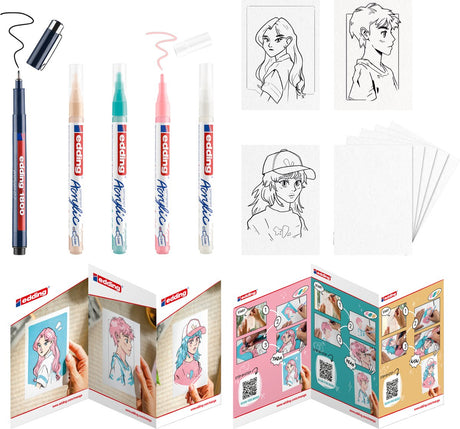 Zestaw kreatywny Edding manga - rysowanie mangi dla początkujących na wielu różnych powierzchniach - 1x 1800 profipen black - 4x 5300 markerów akrylowych - 6x czyste karty - 3x szablony - 1x objaśnienie krok po kroku - zestaw wszystko w jednym
