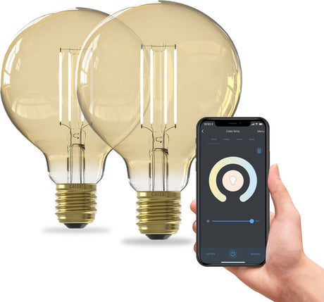 Inteligentna lampa Calex - zestaw 2 sztuk - oświetlenie LED z żarnikiem WiFi - kula 9,5cm - E27 - inteligentna żarówka złota - możliwość przyciemniania - ciepłe białe światło - 7w
