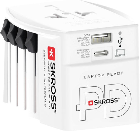 Skross - adapter podróżny do świata oprócz pro 2-pin + 1 szybka ładowarka USB + 1 typ c 2500 ma biały
