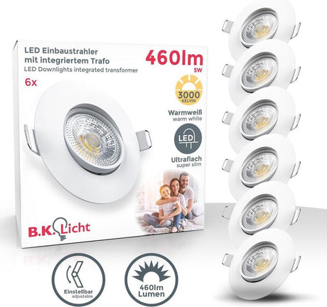 B.K. światło - zestaw 6 reflektorów wpuszczanych LED - do wnętrz - reflektory - uchylne - ip23 - ø9cm - 3000k - 460 lm - 5w