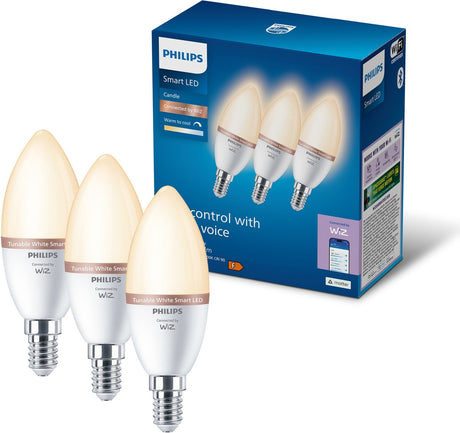 Philips smart lighting - led-kaarslamp - e14 fitting - warm- tot koelwit licht - dimbaar - 3 pack - 40w - kaarslamp: c37 - wifi