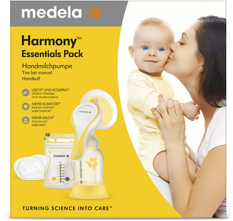 Zestaw podstawowych artykułów Medela Harmony — pojedynczy zestaw do ręcznej odciągania pokarmu — zawierający torby do przechowywania i wyjątkowo oddychające wkładki laktacyjne