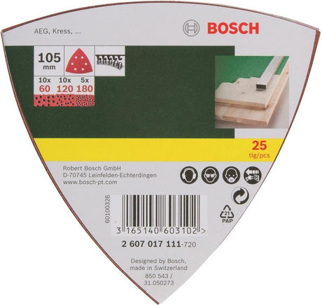 Zestaw 25 arkuszy szlifierskich Bosch do szlifierek delta 105 mm - ziarnistość 60; 120; 180