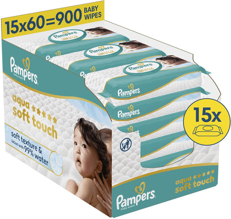 Pampers aqua soft touch - chusteczki dla niemowląt - balsam o miękkiej konsystencji zawierający 99% wody - 15 opakowań po 60 chusteczek = 900 chusteczek dla niemowląt