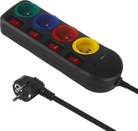 Maclean mce508 b - listwa zasilająca - przedłużacz 4x + USB A C, z przełącznikami - 250vac 10a - 1,5m - czarna