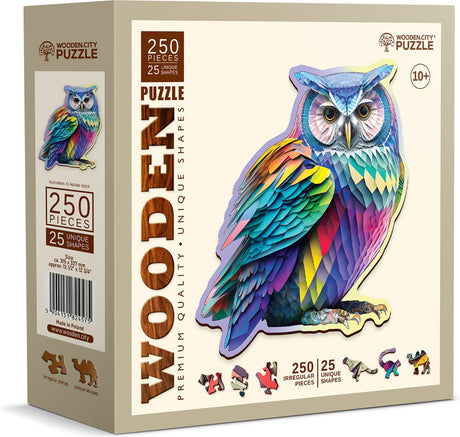 Drewniane puzzle drewniane miasto - modna sowa.