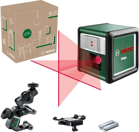 Laser krzyżowy Bosch quigo lli (alkaliczny (2x lr03 aaa), zacisk uniwersalny mm 2 i płytka adaptera)