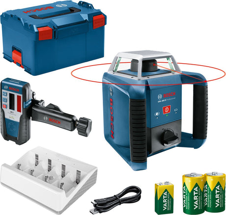 Bosch professional grl 400 h - laser rotacyjny - w tym odbiornik laserowy - akumulatory - ładowarka do akumulatorów - l-boxx