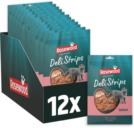 Paski delikatesowe z drzewa różanego Przekąska dla kota z łososiem 12 x 40 g - miękkie przysmaki dla kotów - o niskiej zawartości tłuszczu - bez soli i cukru