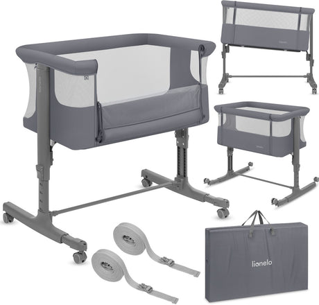 Co-sleeper Lionelo aurora 3w1 - łóżeczko dziecięce do 9 kg - łóżeczko rosnące - 4 koła z hamulcami - łóżko kempingowe - regulowana wysokość - oddychająca siatka - w komplecie torba do transportu materaca - zdejmowany pokrowiec