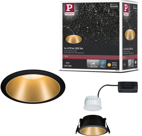 Lampa wpuszczana LED Paulmann, ściemniana 3-stopniowo Cole Coin, zestaw 1 sztuk, IP44, okrągła, 88 mm, moneta, 6 W, 470 lm, 230 V, możliwość ściemniania 2700 K, czarny, złoty mat