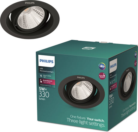 Philips pomeron inbouwspot - sceneswitch - 5w - warmwit licht - zwart