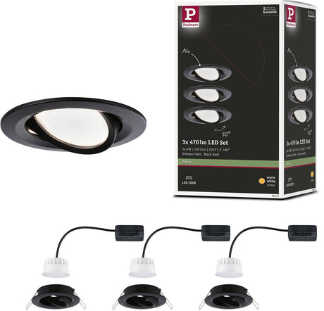 Paulmann Lampa wpuszczana LED Nova Coin zestaw 3 sztuk obrotowe okrągłe 84 mm 50° moneta 3x6w 3x470lm 230v 2700k czarny mat