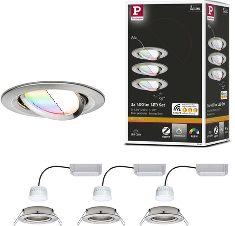 Lampa wpuszczana LED Paulmann Smart Home Zigbee 3.0 Nova Plus Coin Zestaw podstawowy Obrotowy Okrągły 84mm 50° Coin 3x5.2W 3x400lm 230V Możliwość ściemniania RGBW+ Stal szczotkowana
