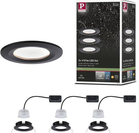 Paulmann led-inbouwlamp 3-step-dim nova coin basisset star ip44 rond 78 mm coin 3x6w 3x470lm 230v dimbaar 2700k zwart mat