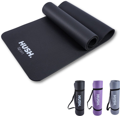Hush sport - yogamat - 180x60cm - dempend nbr - voor yoga, pilates fitness - inclusief handige draagband - 8 mm dik - lichtgewicht oprolbaar - zwart