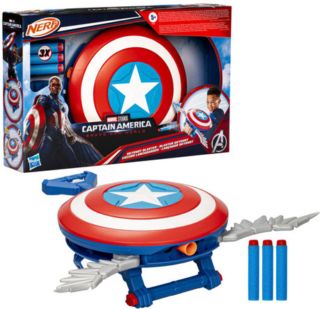 Hasbro Marvel Studios Captain America odważny nowy świat Nerf Skyshot Blaster, zabawka do odgrywania ról z tarczą