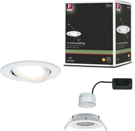 Lampa wpuszczana LED Paulmann Nova Coin pojedyncza lampa obrotowa okrągła 84 mm 50° moneta 6W 470lm 230V 2700K biały mat