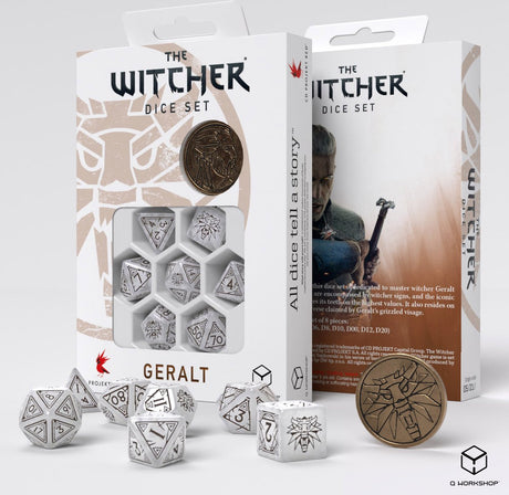 Zestaw kości Q-workshop Wiedźmin - Geralt - Biały Wilk (7 sztuk + moneta)