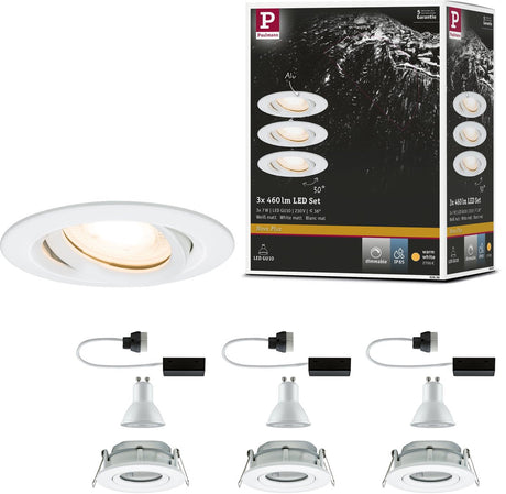 Lampa wpuszczana LED Paulmann Nova Plus zestaw 3 szt. obrotowa IP65 okrągła 93 mm 30° Gu10 3x7W 3x460lm 230V możliwość ściemniania 2700K biały mat