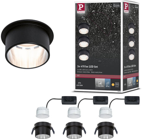 Lampa wpuszczana LED Paulmann 3-stopniowy zestaw podstawowy Gil Coin IP44 okrągła moneta 68 mm 3x6W 3x470lm 230V możliwość ściemniania 2700K czarny mat, stal szczotkowana