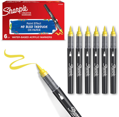 Marker kreatywny Sharpie markery akrylowe | końcówka pędzla | markery farbowe na bazie wody | tusz nie rozmazuje się i nadaje się do większości powierzchni | żółty | 6 sztuk