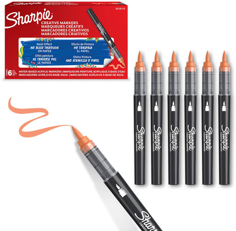 Marker kreatywny Sharpie markery akrylowe | końcówka pędzla | markery farbowe na bazie wody | tusz nie rozmazuje się i nadaje się do większości powierzchni | pomarańczowy | 6 sztuk