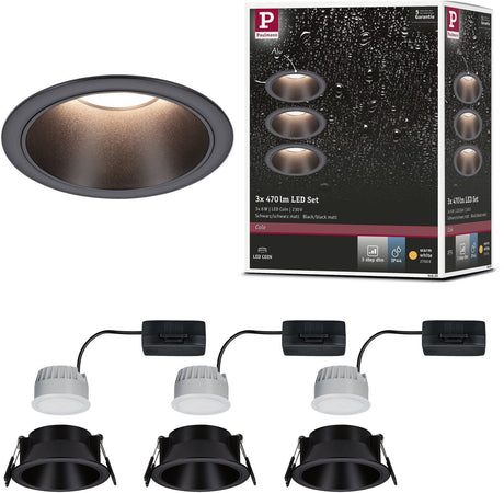 Lampa wpuszczana LED Paulmann 3-stopniowe przyciemnianie Cole Zestaw 3 monet ip44 okrągłych 88 mm na monety 3x6 W 3x470 lm 230 V z możliwością ściemniania 2700 K czarny