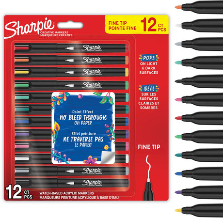 Markery kreatywne Sharpie, pisaki z farbą akrylową | markery farbowe na bazie wody | atrament nieciągły pisze na większości powierzchni | słuszna uwaga | artykuły rzemieślnicze i artystyczne | różne kolory | 12 sztuk