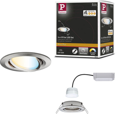 Lampa wpuszczana LED Paulmann Smart Home Zigbee 3.0 Nova Plus Moneta obrotowa okrągła 84 mm 50° Moneta 6W 470lm 230V Możliwość przyciemniania Przestrajalna biała stal szczotkowana