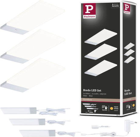 Oświetlenie podszafkowe LED Paulmann Bredo zestaw 3 wyłączników zbliżeniowych 3x2,5w 80x190 mm 3x180lm 230 12v srebrny