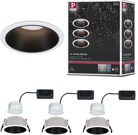 Lampa wpuszczana LED Paulmann 3-stopniowe przyciemnianie Cole Zestaw 3 monet ip44 okrągłych 88 mm 3x6w 3x470lm 230v z możliwością ściemniania 2700k biały, czarny mat