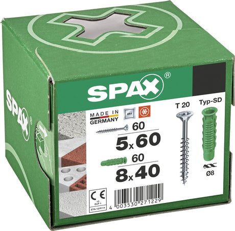 Kołki Spax typ SD 8 x 40 mm + śruba uniwersalna, 5 x 60 mm, łeb stożkowy, gwint częściowy, t-star plus t20, wirox, 60 + 60 sztuk - 5000001200025