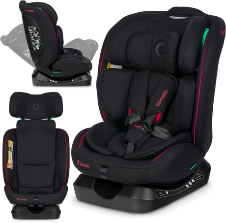 Fotelik samochodowy Lionelo aart i-size 4w1 – 40-150 cm (0-12 lat) – rwf fwf – tył do 105 cm – montaż za pomocą pasa bezpieczeństwa – zagłówek z pianki memory – 13 pozycji – odchylany – pokrycie nadające się do prania – certyfikat r129