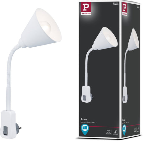 Lampa wtykowa Paulmann Junus - ramię elastyczne - E14 230v - lampka do czytania lampka nocna z możliwością ściemniania - reflektor wtykowy - lampa gniazdkowa do czytania i użytku nocnego - biała