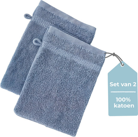 Hush. living hush living - washand 100% katoen - set van 2 - zware kwaliteit 500g m2 - stijlvol boord en ophanglus- 16x22cm - blauw grijs